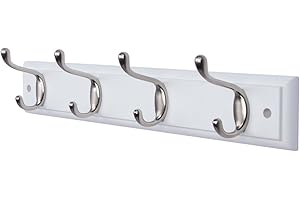 DOKEHOM 4-Satin Nickel Hooks on White Wooden Board Wall Mounted Coat Hook Rack Hanger