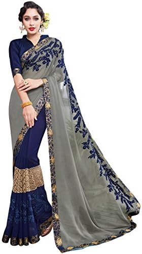 Simaaya Indian Ethnic Faux Chiffon and Faux Georgette Grey and Blue Half and Half Saree