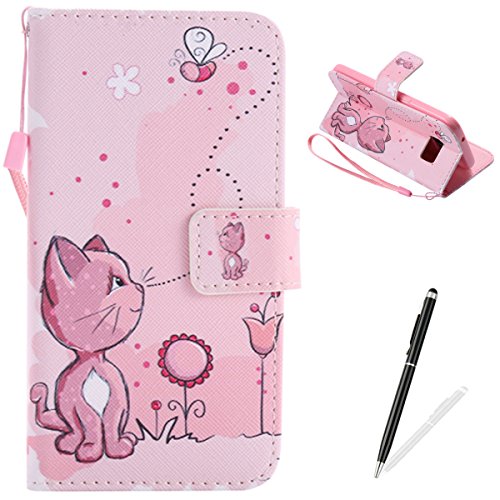 Feeltech Samsung Galaxy S7 Hülle PU-Leder und Brieftasche Bunte Muster Fall mit Magnetverschluss, Hybrid-Kickstand mit Stand-Funktion, schlagen Sie schützende weiche TPU Stoßstangenabdeckung und Kreditkartenhalter für Samsung Galaxy S7 Handgelenk Bügel-Buch-Art-Geldbeutel-Tasche mit 2 In 1 Berühren Sie Stift - Rosa Katze