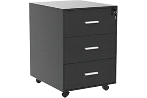 ‎NICEME Bürocontainer, Rollcontainer mit 3 Schubladen, Büroschrank mobiler Aktenschrank aus Spanplatte (Black, Abschließbar)