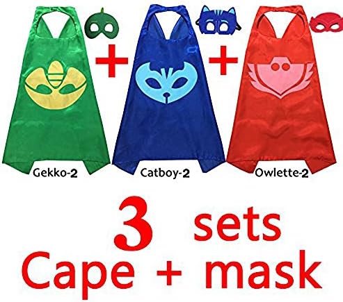 YGQL PJ Masks Costumes For Kids Set of 3 Catboy Owlette Gekko Mask with Cape (27.5 inches)
