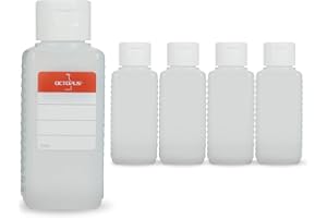 Octopus 5 x 100 ml butelki z tworzywa sztucznego, butelki plastikowe HDPE z białym zamknięciem na zawiasach, puste butelki z białym zamknięciem na zawiasach, butelki czworokątne wraz z etykietami do opisywania