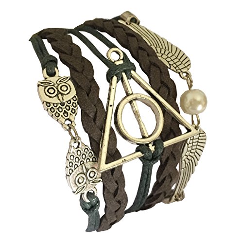 D'amelie Harry Potter - Pulsera tema gótico/punk, diseño de las reliquias de la muerte, búhos, snitch dorada y alas de búhos chapadas en plata.