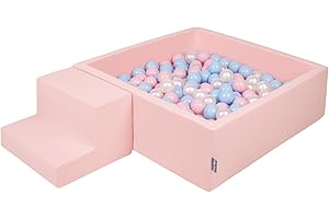 KiddyMoon Aire De Jeux en Mousse avec Carré Piscine À Balles (200 Balles) pour Enfants, Rose:Babyblue/Rose Poudre/Perle