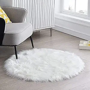 CottonFry Faux Sheepskin Round Fur Area Rugs (White, 30x30 Inch)