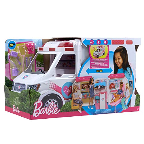 Barbie FRM19 - 2-in-1 Krankenwagen, aufklappbares Fahrzeug mit Licht und Geräuschen, Puppen Spielset mit Zubehör, Mädchen Spielzeug ab 3 Jahren - 6