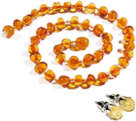 Amber Necklace 32-34 cm with Free Baltic Amber Stud Earrings ✸ INTRODUCTORY OFFER (30% OFF) ✸ 100% Genuine Premium Baltic Amber Beads (Cognac)
