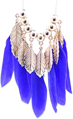 Lizzyoftheflowers - Boho dream catcher style blue and gold leaf and feather chandelier necklace