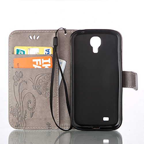 Galaxy S4 Hülle,Galaxy S4 Case,Galaxy S4 Leder Wallet Tasche Brieftasche Schutzhülle,ikasus® Prägung Schmetterling Blumen Muster PU Lederhülle Flip Hülle im Bookstyle Cover Schale Stand Ständer Etui Karten Slot Schutzhülle Grau Tasche Wallet Case für Samsung Galaxy S4 i9500 – Groß Schmetterling:Grau - 3
