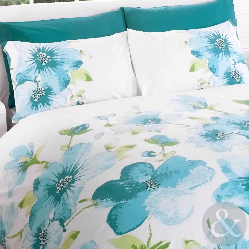 WATERCOLOUR FLORAL DUVET COVER SET - Modern Cotton Blend Printed Bedding Bed Set Teal ( blue cream lime green ) Single Quilt Cover