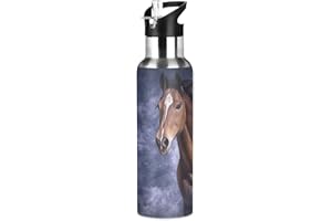 Mnsruu Vintage Pferd Trinkflasche Wasserflasche Thermosflasche mit Strohhalm Deckel für Jungen Mädchen, 600 ml, auslaufsichere Edelstahl-Sportflasche
