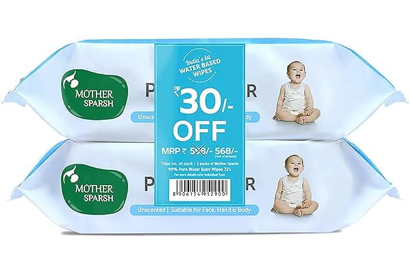 Mother Sparsh 99% Pure Water (Unscented) Baby Wipes with Lid I Natural Plant made cloth - Super thick Wet Wipes I 72 pcs/pack
