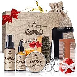Kit Barbe Homme 8pcs GLAMADOR-Soins Entretien de Barbe-Kit Complet Huile,Baume,Shampoing,Peigne,Ciseaux,Pochoir,Brosse à Barbe avec Sac,Cadeau Coffret Saint Valentin/Anniversaire à Papa/Mari/Amis