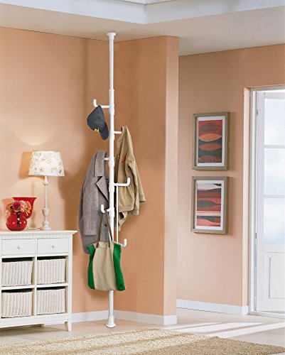 SoBuy® Garderobe, Kleiderständer, Garderobenständer mit 6 Haken, ohne Bohren Verstellbar, 214cm-275cm hoch, weiß, FRG159-W
