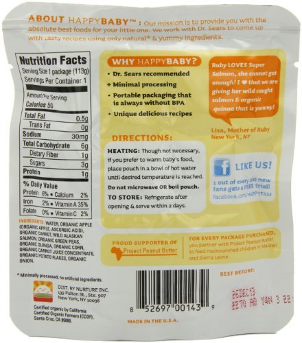 Happy Baby Organic Baby Food 3 Homestyle Meals, Super Salmon, 4-Ounce Pouches (Pack of 16) Kids, Infant, Child, Baby Products