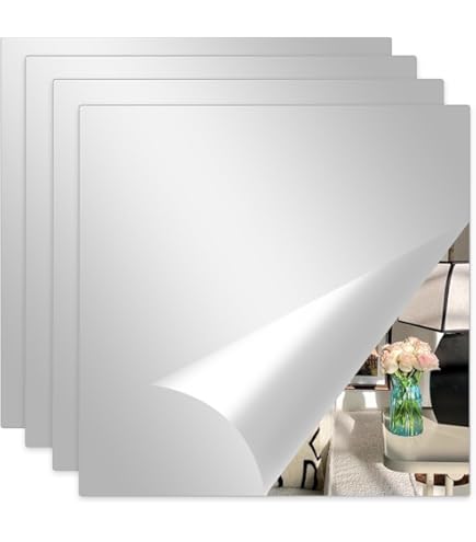 Qeenmy Set van 4 zelfklevende spiegels, 30 x 30 cm, wandspiegeltegels, HD-glas, doe-het-zelf