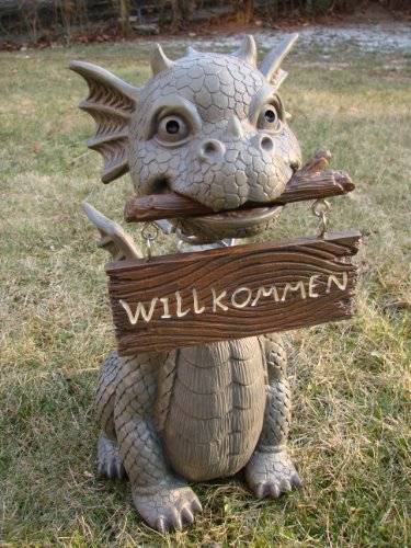 Gartendrache mit Wackelkopf Willkommen Drache Figur Gargoyle Garten - 2