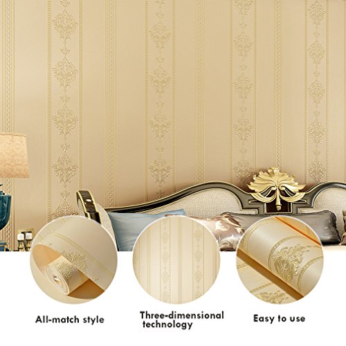 KINLO® Vliestapete Dunkle Beige 100Mx53cm Top Tapete Barock Tapete Muster Tapete Streifen Wanddeko für Wohnzimmer Wand Tapete Schlafzimmer Wandaufkleber Büro Wandtatoo Wandaufkleber 2 Jahren Garantie Wohnzimmer, Büro Wandtatoo 2 Jahren Garantie - 2