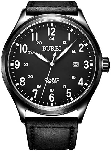 BUREI® Men's Luminous Date Waterproof Quartz Watch with Black Genuine Leather Strap, Black Dial