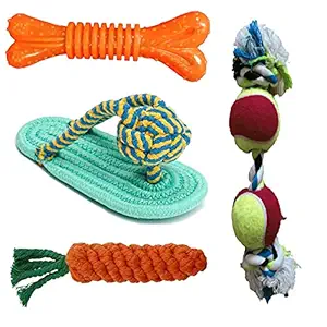 Dog Rope Toys for Puppies + Pet Teeth Chewing Dog Toys Sleeper Chew Toy + Gums Cleaner Tennis Dumbbell Rope Toy + Rubber Chew Bone Toy + Rope Carrot Teething Chew Toys for Small and Medium Pets Pack of 4