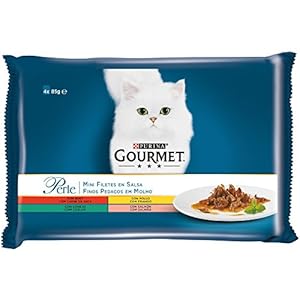 Purina Gourmet Perle Finas Láminas en Salsa comida para gato en Variedades de Buey, Pollo, Conejo y Salmón 12 x [4 x 85 g]