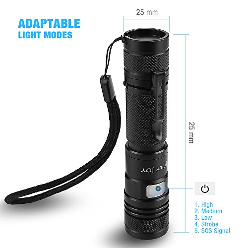 Joly Joy Taschenlampe mit 5 Modi, Zoombar, IP65 Wasserfest, USB Powered, Wiederaufladbar, Super Hell 600 Lumen CREE LED für Indoor und Outdoor (Campen, Wandern, Fahrradfahren und Notfälle) (1 x Battrien) - 3