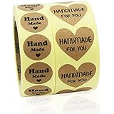 Tomnk 1000pcs Kraft Paper HANDMADE Adhesive Label - 1.58" Heart-shaped &amp; 1.2" Round Labels, 2 Rolls, 500pcs per Roll
