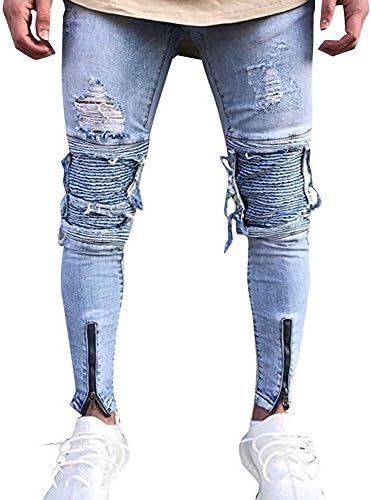 AnyuMens Stretch Boyfriend Jeans Distressed Ripped Jeans Knee Ripped Skinny Jeans Ankle Zipper Jeans