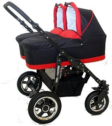 Twin Pram 3 Pieces Carrycots + Chairs + Group 0 + Accessories Black + Red