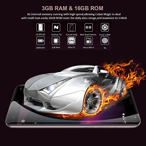 CUBOT Magic Android Smartphone Libero 4G LTE Senza Contratto Schermo IPS 5,0 Pollici, Android 7.0 Doppie Camere Posteriori, Dual SIM standby, 3GB RAM + 16GB ROM, Bluetooth 4.0 / GPS / WiFi