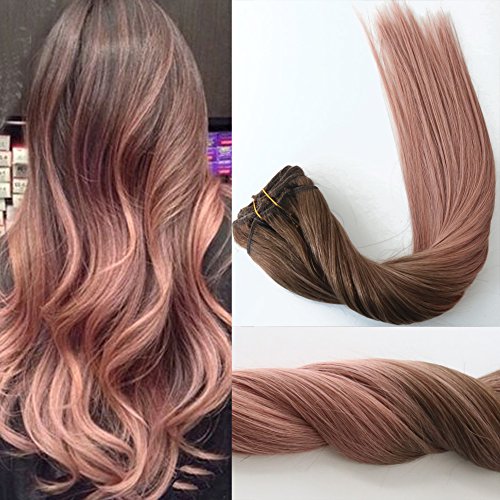 Silky Straight Rose Gold Ombre Highlights Balayage Hair Extensions of Clip in Extension Medium Brown Fading to Rose Gold Virgin Human Hair 120g/set (20 inch)