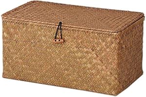 DOKOT Paniers de Rangement Jonc de Mer avec Couvercles Naturel Corbeille Osier (Moyen 30cmx18cmx15cm H)