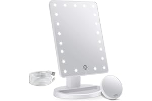 FASCINATE Makeup Vanity Mirror with Lights and Detachable 10X Magnification, 21 Led Lights Adjustable Dimming Touch Sensor, Dual Power Supply, 180° Rotation, Portable Cosmetic Mirror(White)