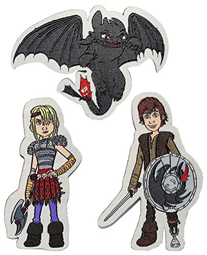 Aufnäher / Bügelbilder - " Dragons - Drachenzähmen leicht gemacht " - 9,5 cm * 7,2 cm - Applikation - Flicken gewebt - Hick / Ohnezahn / Astrid Hofferson - Jungen / Drachen - Fledermaus - Nachtschatten / Drachenreiter