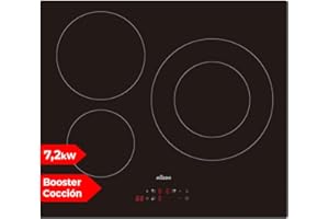 Nilson Placa de Inducción Cristal negro NI3600. Potencia máx. 7200 W, 3 Zonas de Cocción, 9 Niveles de Cocción, Control Táctil, Función Turbo, Bloqueo, Autodesconexión Seguridad, Diámetros 16-21-29 cm