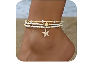 BelleVive 3-Piece Pearl Ankle Bracelet Set for Women, Adjustable Boho Shell Anklet, Hawaiian Beach Shell Pearl Disc Starfish Foot Jewellery, Summer Fashion Gifts