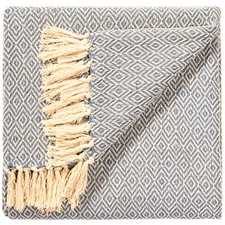 Small Blue Cream Diamond Fair Trade Cotton Throw Bedcover Blanket 125cm x 150cm