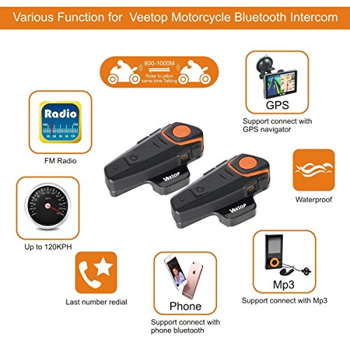 Gegensprechanlage von Veetop, Bluetooth Freisprechanlage, Intercom mit 1000m Reichweite, Verbindung mit Handy, Navi ideal für Motorrad, Motorschlitten, Ski- und Radfahren (2er Set/EU-Ladegerät) Gegensprechanlage von Veetop, Bluetooth Freisprechanlage, Intercom mit 1000m Reichweite, Verbindung mit Handy, Navi ideal für Motorrad, Motorschlitten, Ski- und Radfahren (2er Set/EU-Ladegerät)