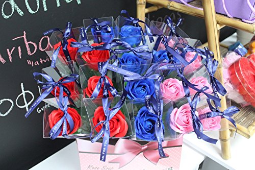 6 x long stem roses - soap petals - bath gift 30 cm long each - individually boxed - present romantic - pink / blue / red - BELLE AVENUE RETAIL