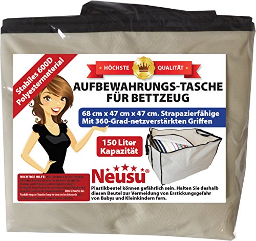 Neusu Strapazierfähige 150 Liter Betttasche mit verstärkten Griffen – Große Tasche Mit 150 Liter Kapazität (68cm x 47cm x 47cm) – Starkes 600-Denier-Polyestermaterial Mit 360-Grad-Handgriffe Mit Gesteppten Nähten – Lässt Sich Flach Zusammenlegen (Beige) - 2