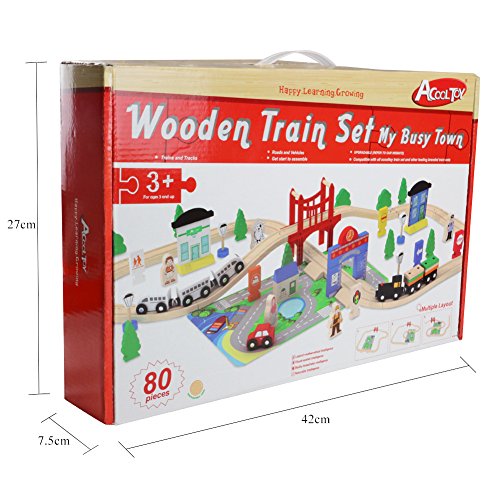 ACOOLTOY Wooden Train Track Set Toy Wooden Classic Railway Flexible Track Car Set Building Kit Toy for Kids Aged 3+ (80 Pcs)
