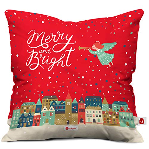 Indigifts Merry & Bright Print Red Cushion Cover 12x12 with Filler 12x12 inch(Xmas Gift for Her, Him, Boy, Girl, Dad, Mom, Friends, Family) - Christmas Decorations