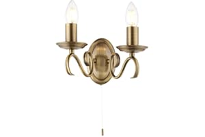 Betta Lighting Decorative Wall Light – Dimmable Twin Wall Lights with Pull Chord Switch – Twisted Arm Indoor Wall Lamp – LED Wall Sconce for Bedroom Hallway 60W E14 Candle (not Included) Brass
