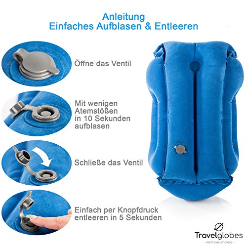 Original Reisekissen von Travelglobes – Multifunktionales innovatives leichtes Kopfkissen – aufblasbar, weiches Nackenkissen für bequemen Schlaf mit GRATIS Tragetasche, Ohrstöpsel, Anleitung Packliste - 5