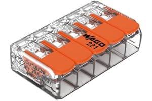 Wago, Borne à Levier Série 221, Sachet de 5, 5 Entrées, Compatible Fils Rigides, Semi-Rigides et Souples 0,14-4 mm², Tension 450V, Courant 32A, Longueur Dénudage 11mm, Installation Rapide et Sécurisée