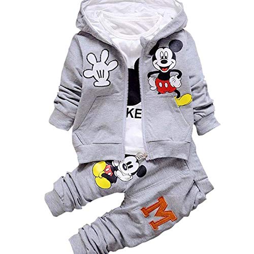 Bold N Elegant Cute Mickey Mouse Cartoon Graphics 3 Piece Autumn Winter Baby Boy Girl Clothing Set t-Shirt with Hood Jacket N Matching Pants for Infant Toddler Kids (Grey, 18-24 Months) RS.1099.00