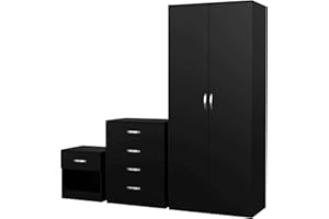 NERA FURNISHINGS Nera Black Bedroom Furniture Set 3 Piece Set with Wardrobe Chest of Drawer Bedside Table Bedroom Storage