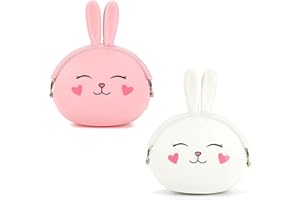 Yuemuop 2 Pièces Porte-Monnaie Enfant Lapin, Porte-Monnaie en Silicone Dessin Animé, Mini Portefeuille en Silicone pour Cadeau d'anniversaire de Fête pour Filles (Rose, Blanc)