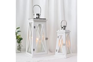 TRIROCKS Set de 2 Faroles de Madera Estilo Campestre 55cm y 40cm Altos, Soportes de Vela Rústicos Colgantes con Vidrio Templado para Patio, Jardín y Bodas (Trapezoidal)