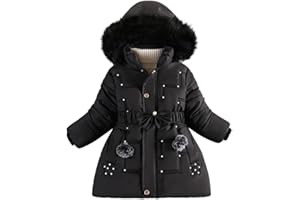 Runstarshow Girls' Winter Jacket - Padded Hooded Parka with Detachable Hood, Fur Collar, Belt Pockets - Warm School Coats for Girls Aged 3-12 Years